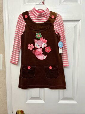 NWT Adorable Corduroy Fox Jumper Dress with Pink Striped Turtleneck Set